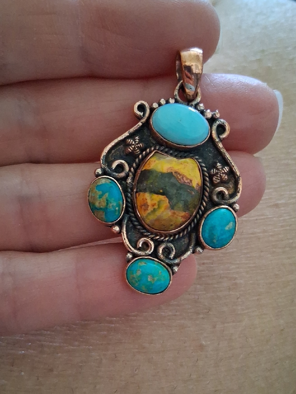 Handcrafted  Kingman Turquoise &  Bumblebee Jasper Copper Pendant